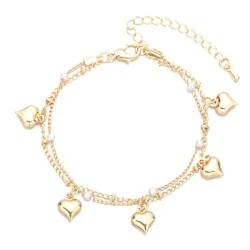 Narukvica sa privescima - srce i biseri u zlatnoj boji  Narukvica sa privescima - srce i biseri u zlatnoj boji