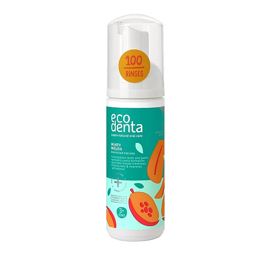 Pena za ispiranje usta protiv karijesa i plaka namenjena deci sa ukusom mente i dinje Ecodenta 150 ml Pena za ispiranje usta protiv karijesa i plaka namenjena deci sa ukusom mente i dinje Ecodenta 150 ml